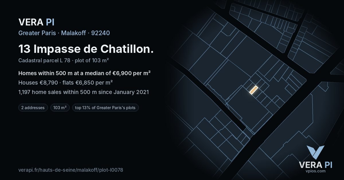 13 Impasse de Chatillon, Malakoff at night – the plot lit, the parcels around coloured by the prices near them