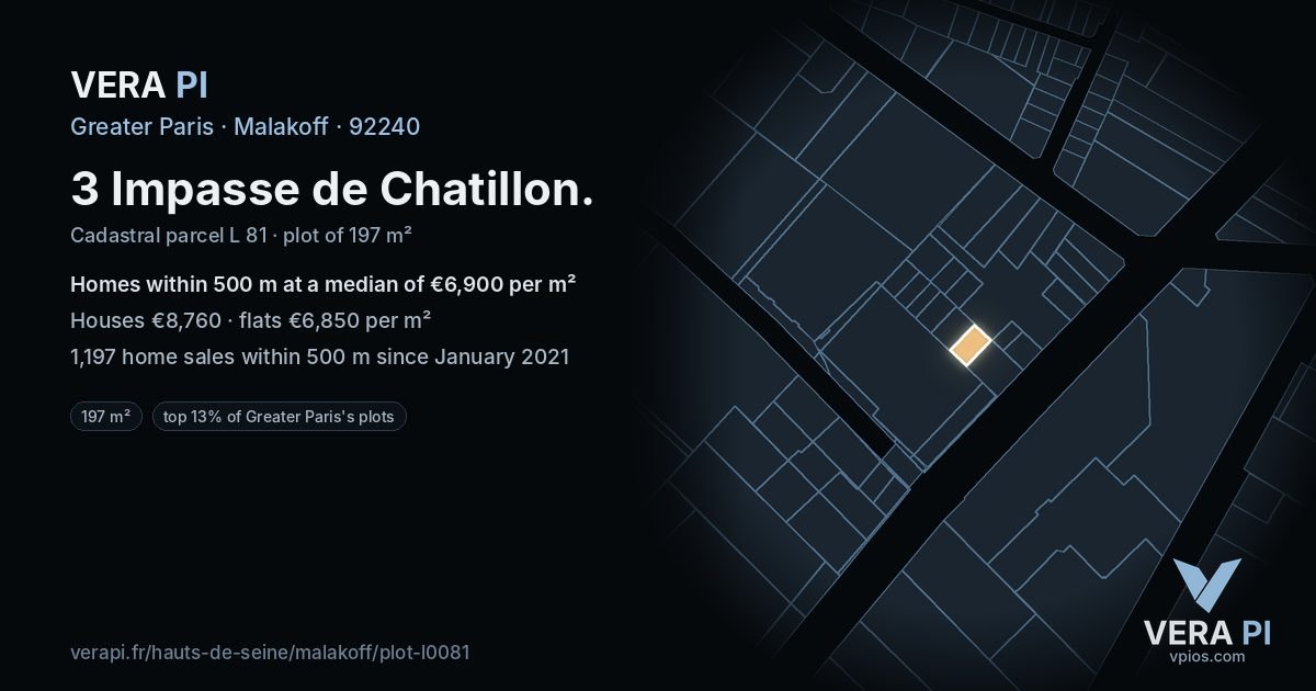 3 Impasse de Chatillon, Malakoff at night – the plot lit, the parcels around coloured by the prices near them