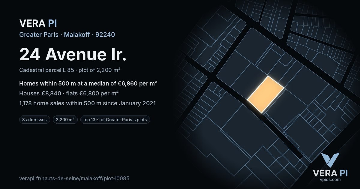 24 Avenue Ir, Malakoff at night – the plot lit, the parcels around coloured by the prices near them