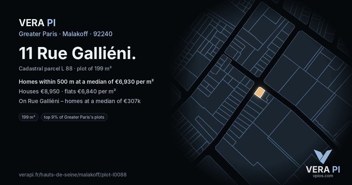 11 Rue Galliéni, Malakoff at night – the plot lit, the parcels around coloured by the prices near them