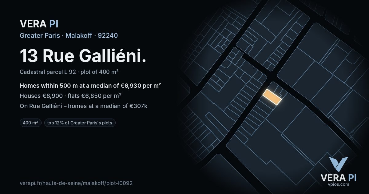 13 Rue Galliéni, Malakoff at night – the plot lit, the parcels around coloured by the prices near them