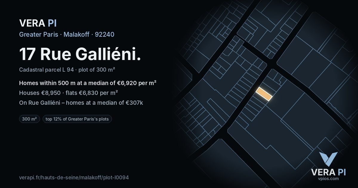 17 Rue Galliéni, Malakoff at night – the plot lit, the parcels around coloured by the prices near them