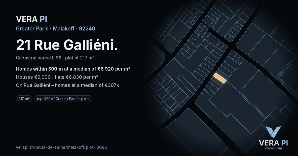 21 Rue Galliéni, Malakoff at night – the plot lit, the parcels around coloured by the prices near them