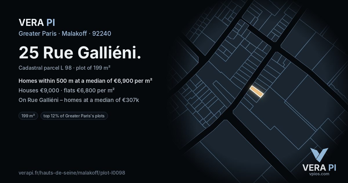 25 Rue Galliéni, Malakoff at night – the plot lit, the parcels around coloured by the prices near them