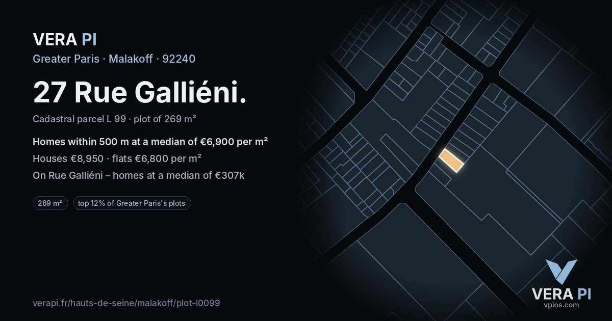 27 Rue Galliéni, Malakoff at night – the plot lit, the parcels around coloured by the prices near them