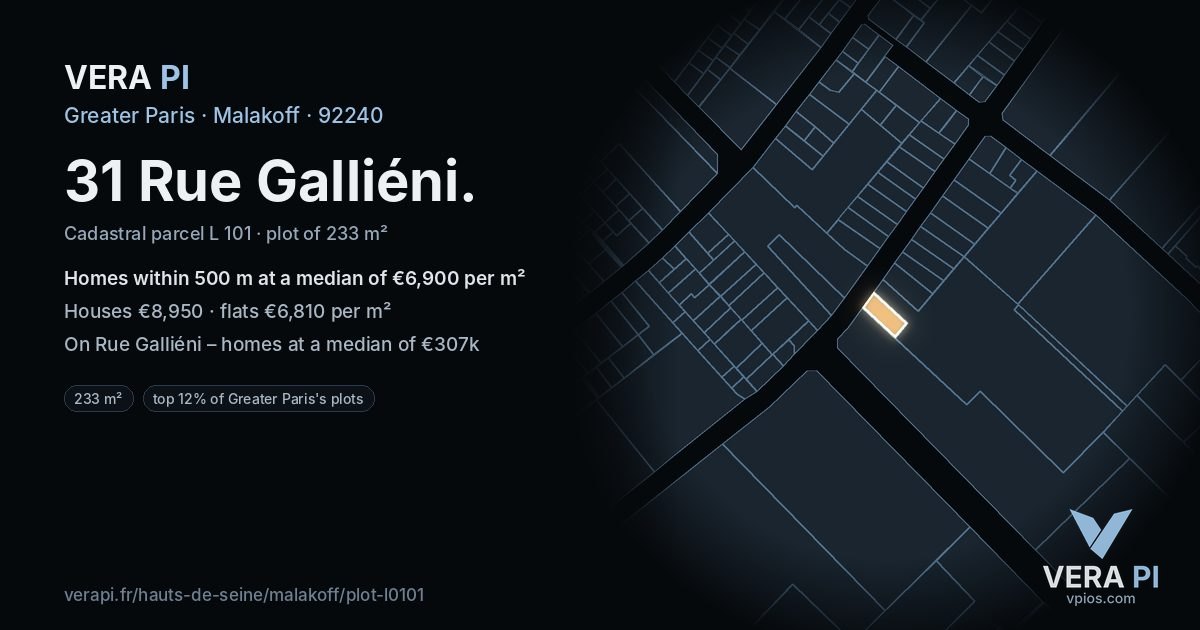 31 Rue Galliéni, Malakoff at night – the plot lit, the parcels around coloured by the prices near them