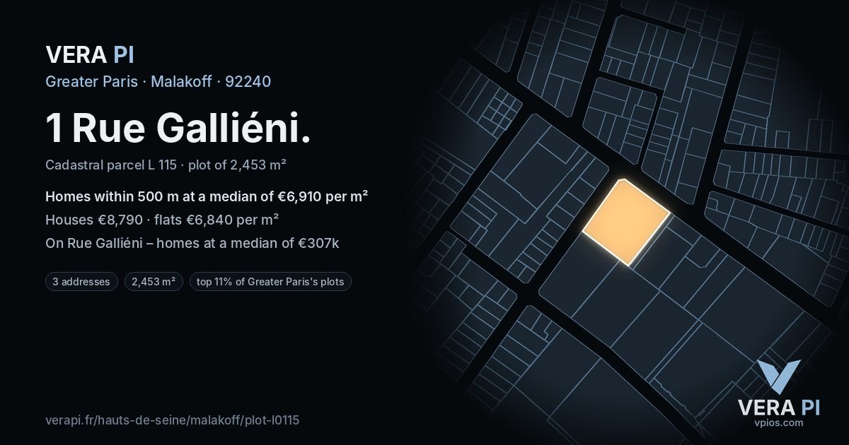 1 Rue Galliéni, Malakoff at night – the plot lit, the parcels around coloured by the prices near them