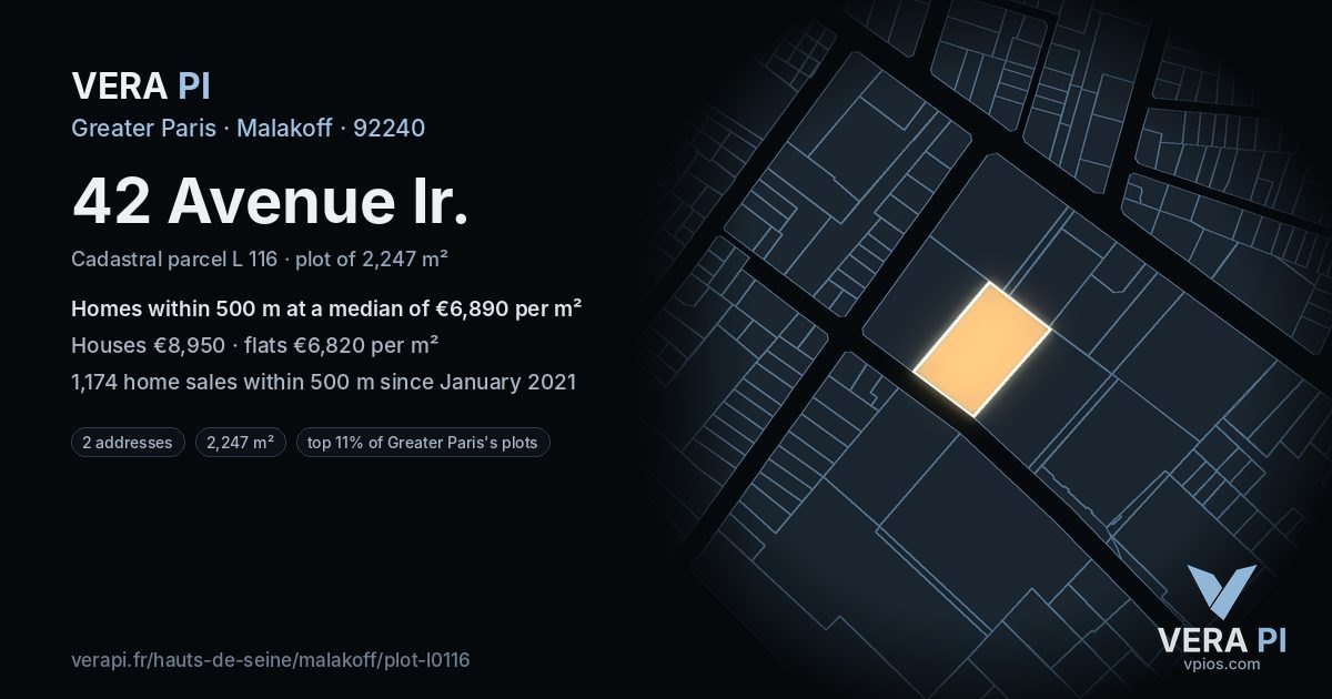 42 Avenue Ir, Malakoff at night – the plot lit, the parcels around coloured by the prices near them