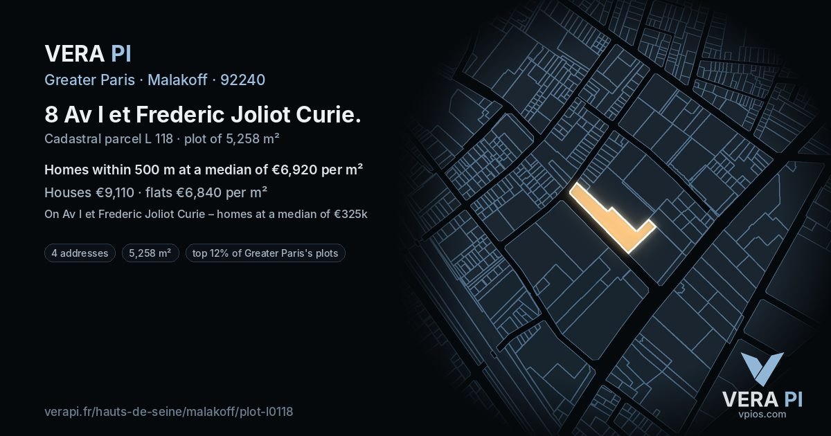 8 Av I et Frederic Joliot Curie, Malakoff at night – the plot lit, the parcels around coloured by the prices near them