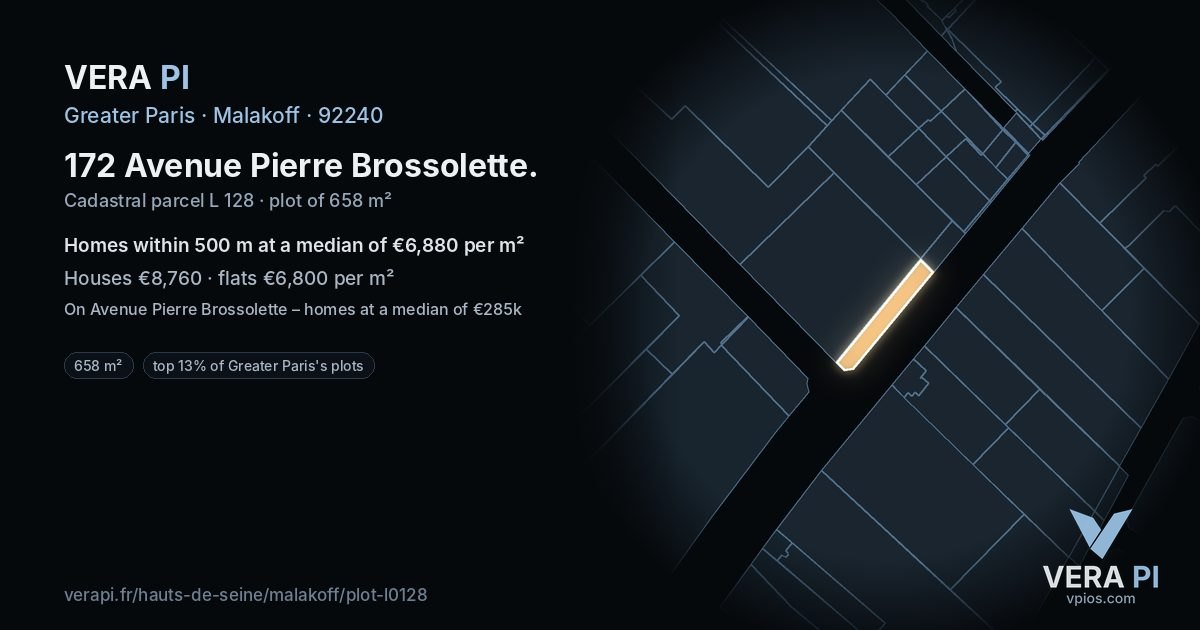 172 Avenue Pierre Brossolette, Malakoff at night – the plot lit, the parcels around coloured by the prices near them