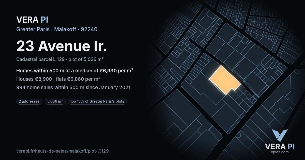 23 Avenue Ir, Malakoff at night – the plot lit, the parcels around coloured by the prices near them