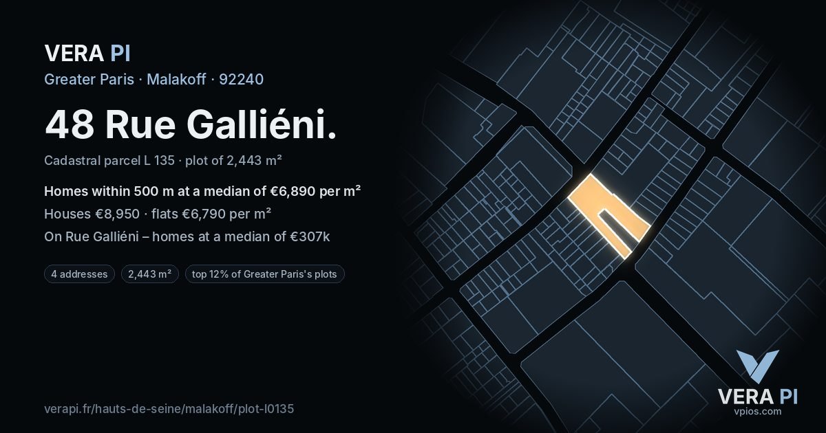 48 Rue Galliéni, Malakoff at night – the plot lit, the parcels around coloured by the prices near them