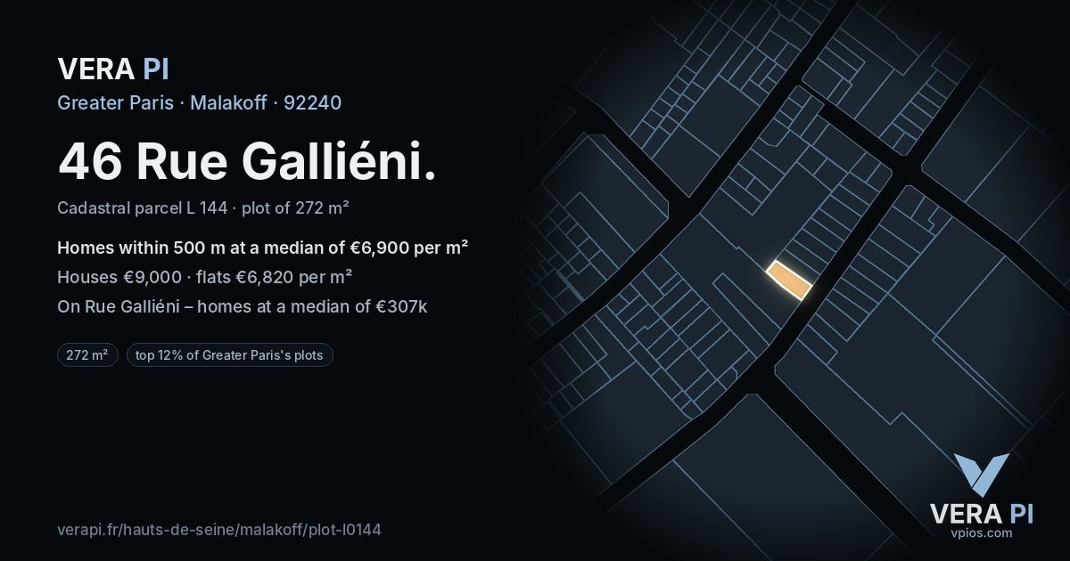 46 Rue Galliéni, Malakoff at night – the plot lit, the parcels around coloured by the prices near them