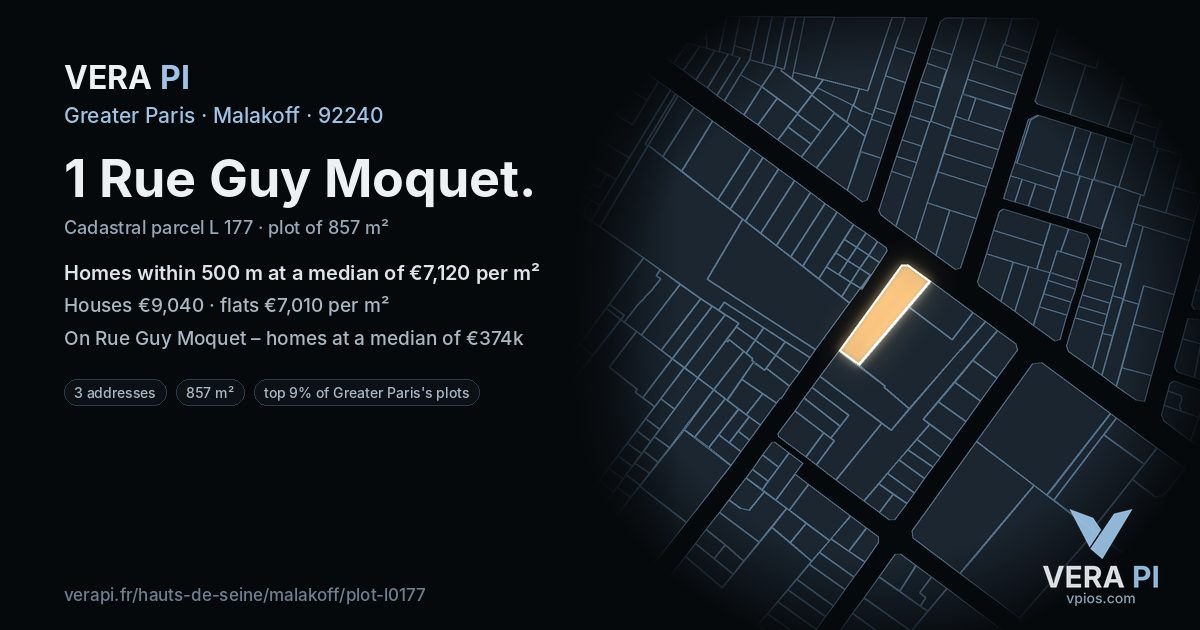 1 Rue Guy Moquet, Malakoff at night – the plot lit, the parcels around coloured by the prices near them