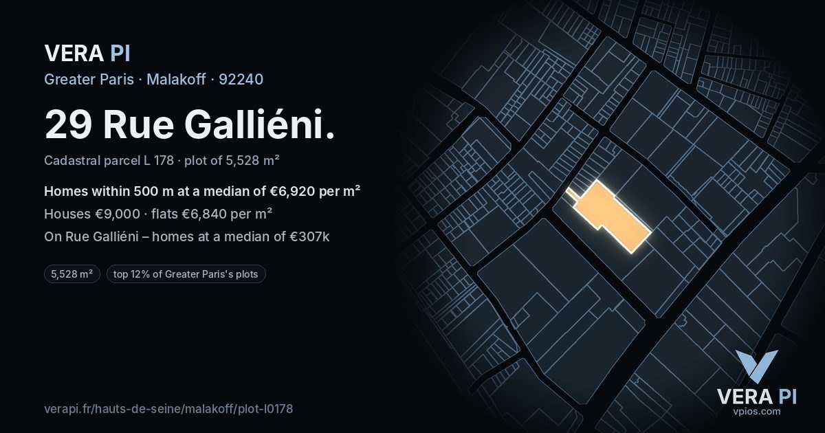 29 Rue Galliéni, Malakoff at night – the plot lit, the parcels around coloured by the prices near them