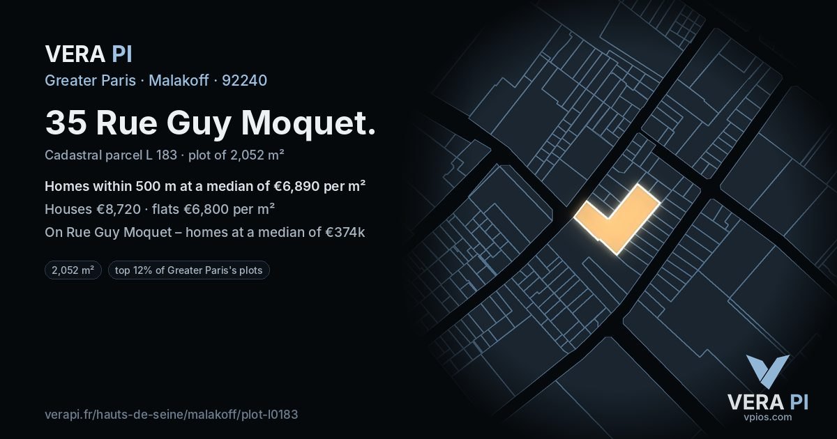 35 Rue Guy Moquet, Malakoff at night – the plot lit, the parcels around coloured by the prices near them