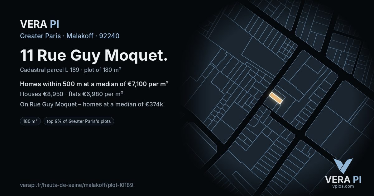 11 Rue Guy Moquet, Malakoff at night – the plot lit, the parcels around coloured by the prices near them