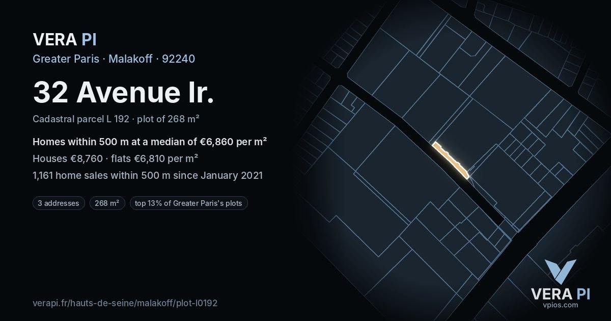 32 Avenue Ir, Malakoff at night – the plot lit, the parcels around coloured by the prices near them