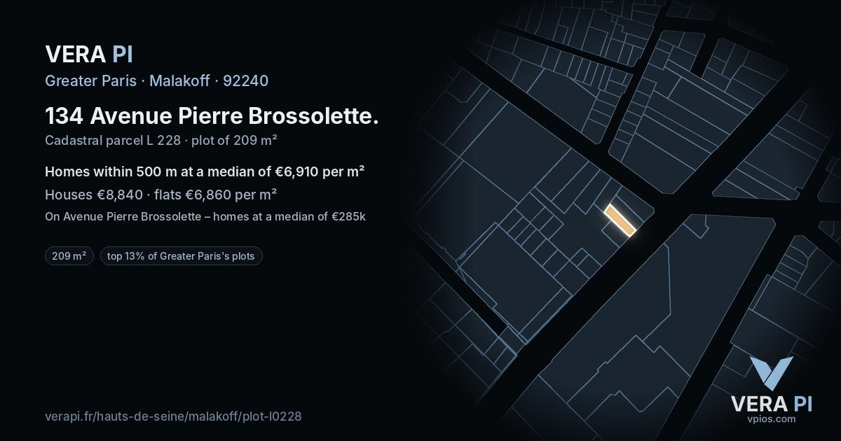 134 Avenue Pierre Brossolette, Malakoff at night – the plot lit, the parcels around coloured by the prices near them