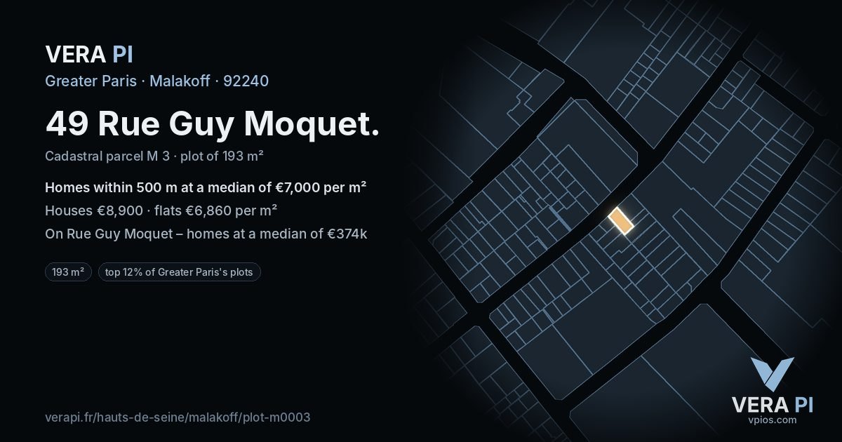 49 Rue Guy Moquet, Malakoff at night – the plot lit, the parcels around coloured by the prices near them