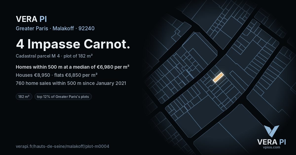 4 Impasse Carnot, Malakoff at night – the plot lit, the parcels around coloured by the prices near them