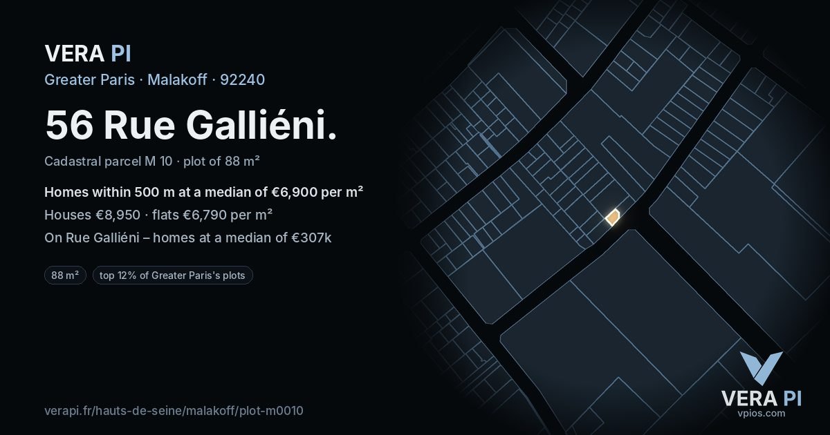 56 Rue Galliéni, Malakoff at night – the plot lit, the parcels around coloured by the prices near them