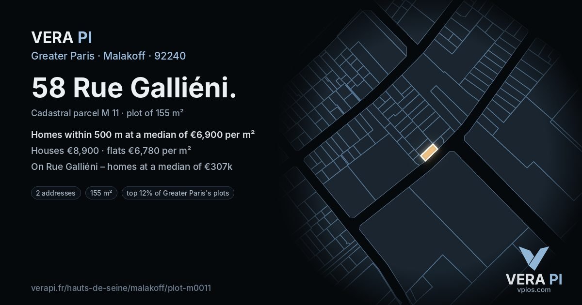 58 Rue Galliéni, Malakoff at night – the plot lit, the parcels around coloured by the prices near them