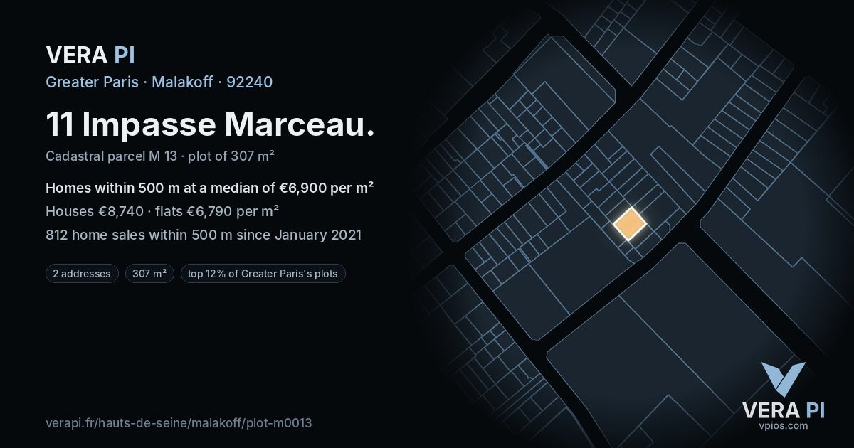 11 Impasse Marceau, Malakoff at night – the plot lit, the parcels around coloured by the prices near them