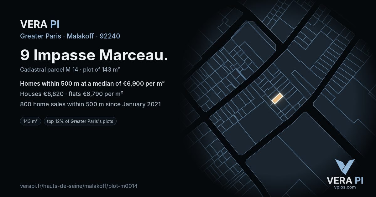 9 Impasse Marceau, Malakoff at night – the plot lit, the parcels around coloured by the prices near them