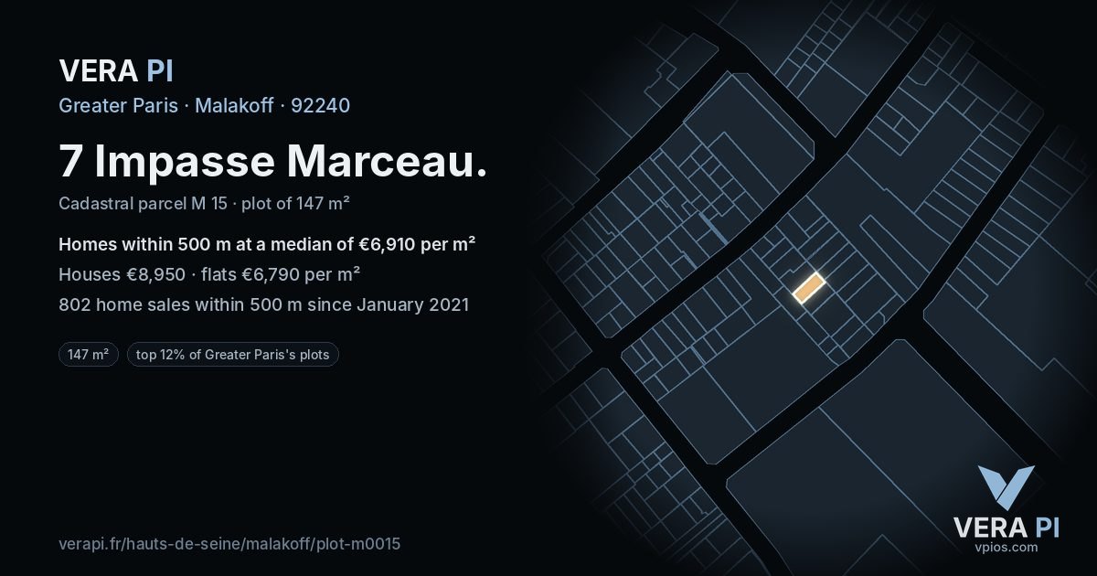 7 Impasse Marceau, Malakoff at night – the plot lit, the parcels around coloured by the prices near them