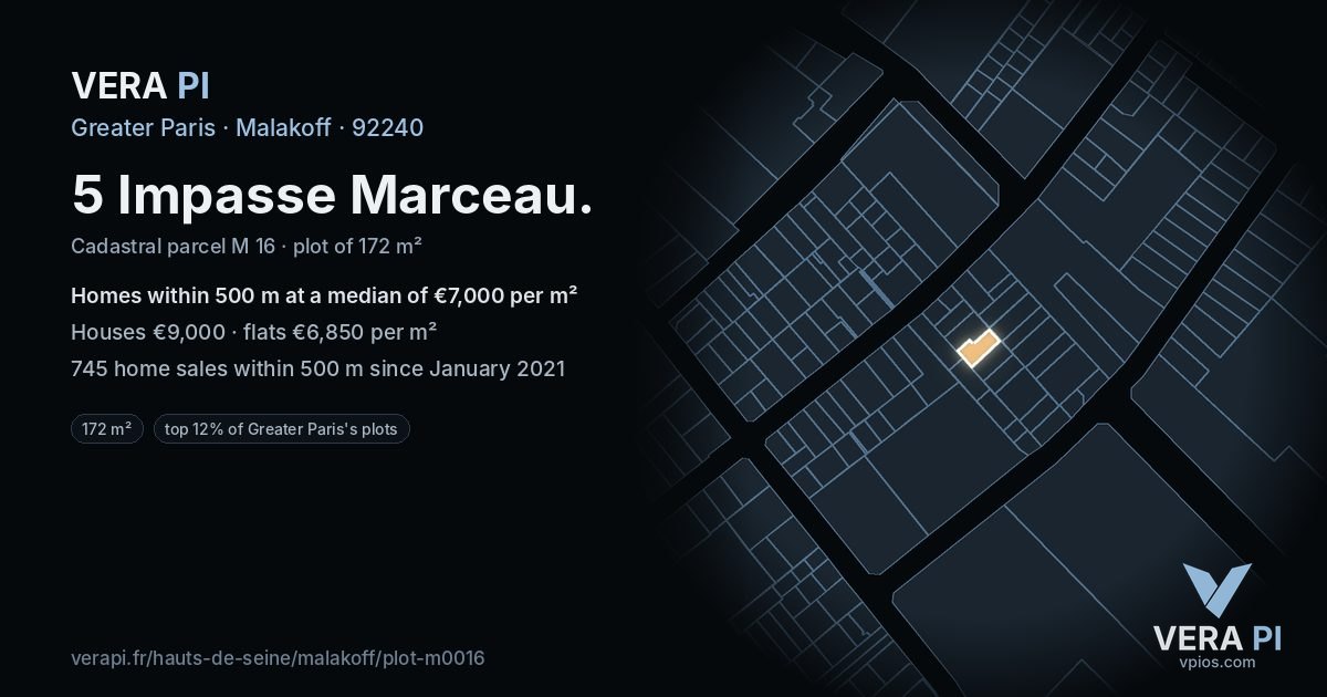 5 Impasse Marceau, Malakoff at night – the plot lit, the parcels around coloured by the prices near them