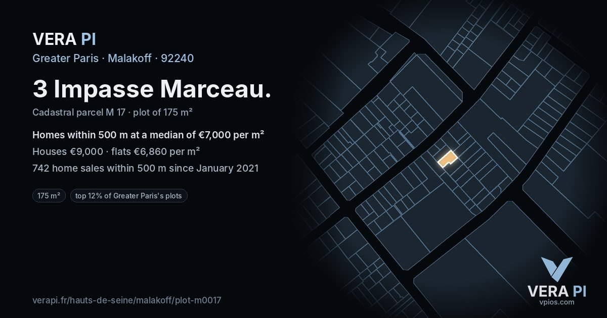 3 Impasse Marceau, Malakoff at night – the plot lit, the parcels around coloured by the prices near them