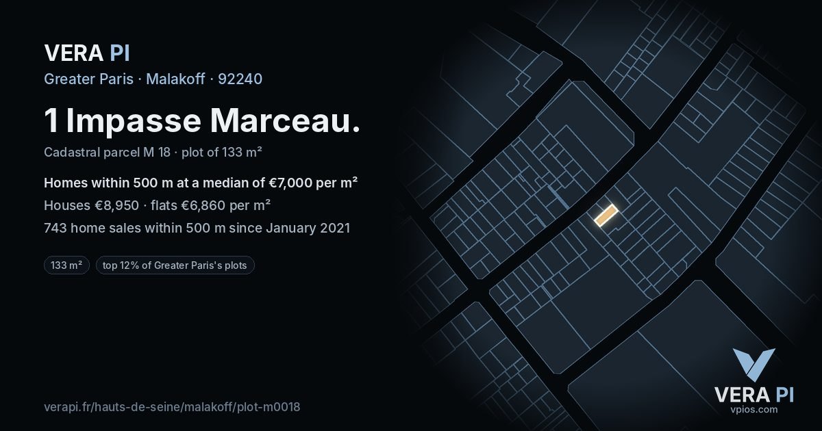1 Impasse Marceau, Malakoff at night – the plot lit, the parcels around coloured by the prices near them