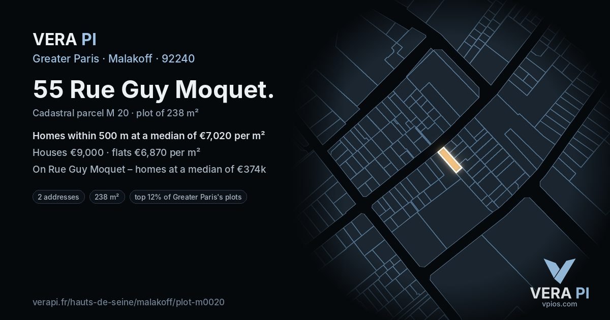 55 Rue Guy Moquet, Malakoff at night – the plot lit, the parcels around coloured by the prices near them