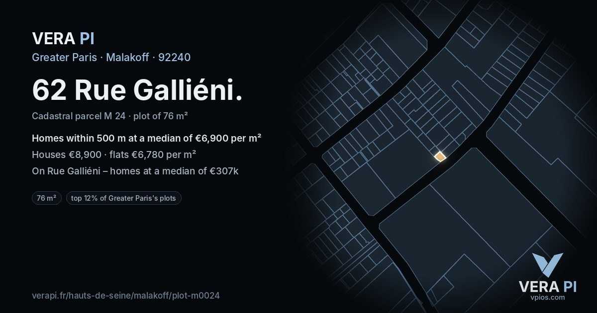 62 Rue Galliéni, Malakoff at night – the plot lit, the parcels around coloured by the prices near them