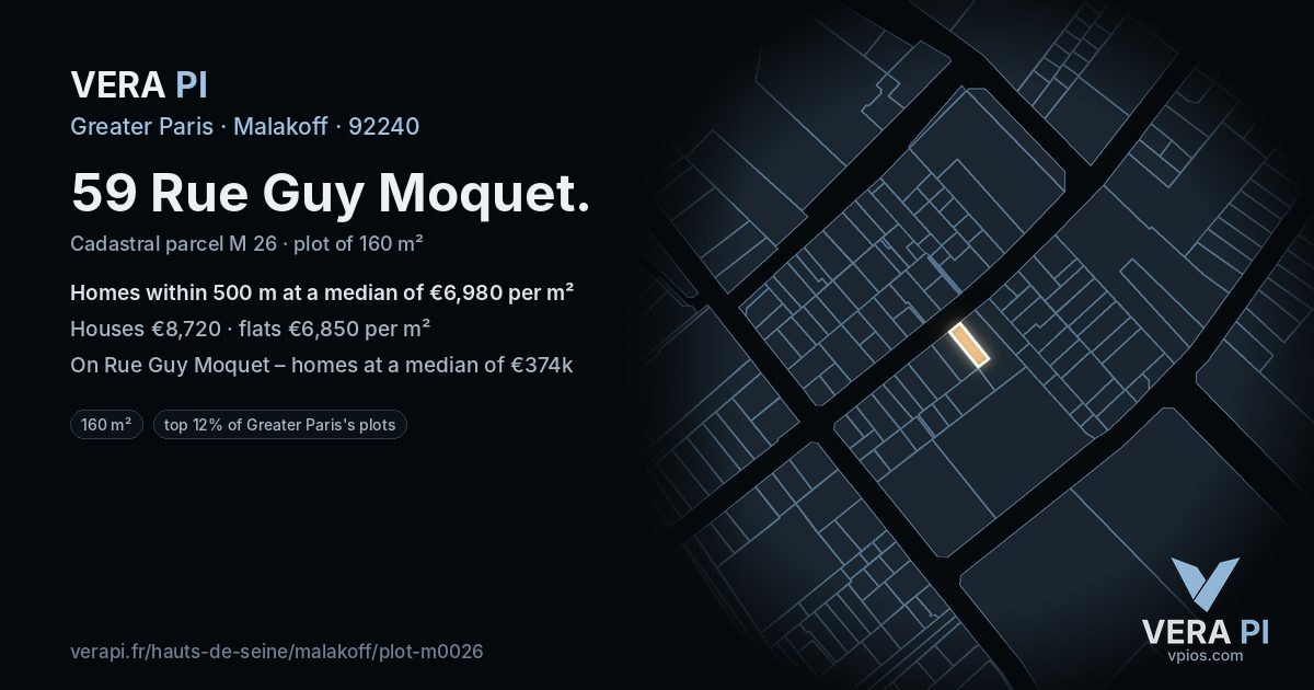 59 Rue Guy Moquet, Malakoff at night – the plot lit, the parcels around coloured by the prices near them
