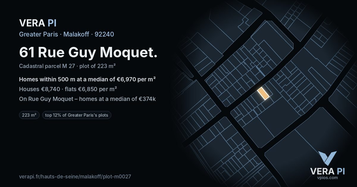 61 Rue Guy Moquet, Malakoff at night – the plot lit, the parcels around coloured by the prices near them