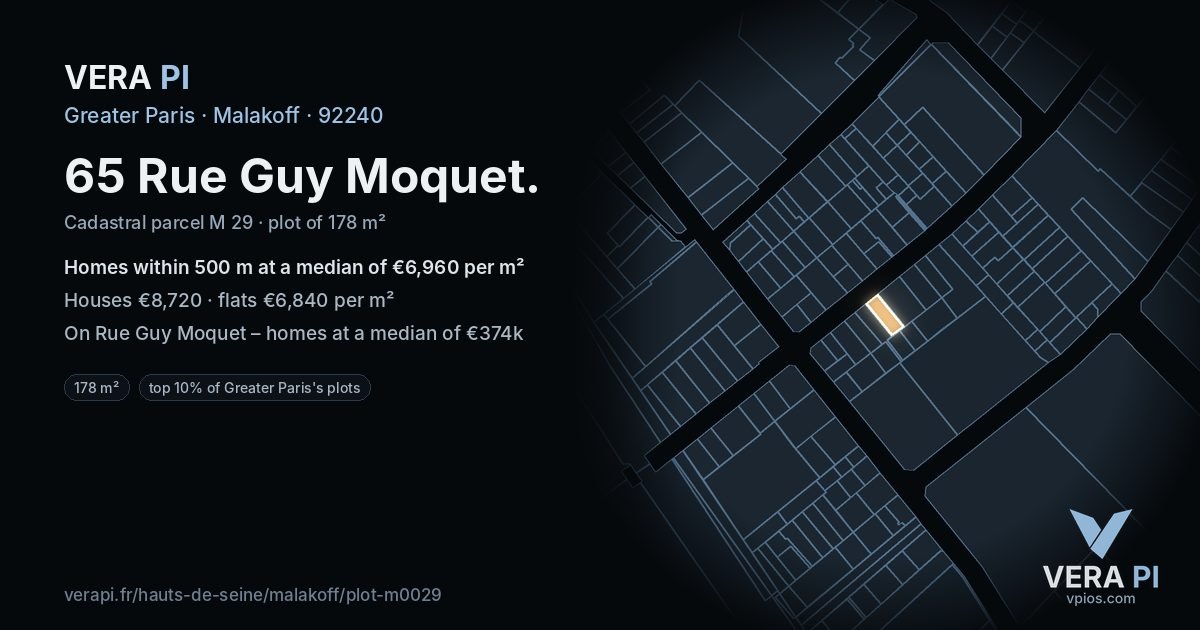 65 Rue Guy Moquet, Malakoff at night – the plot lit, the parcels around coloured by the prices near them