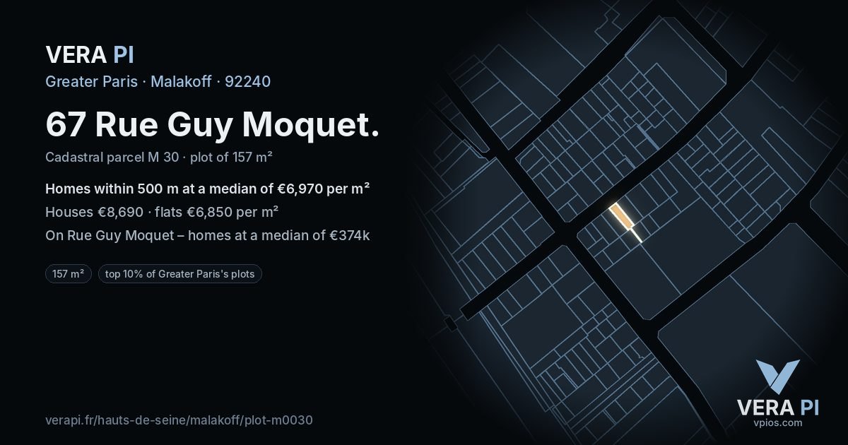 67 Rue Guy Moquet, Malakoff at night – the plot lit, the parcels around coloured by the prices near them