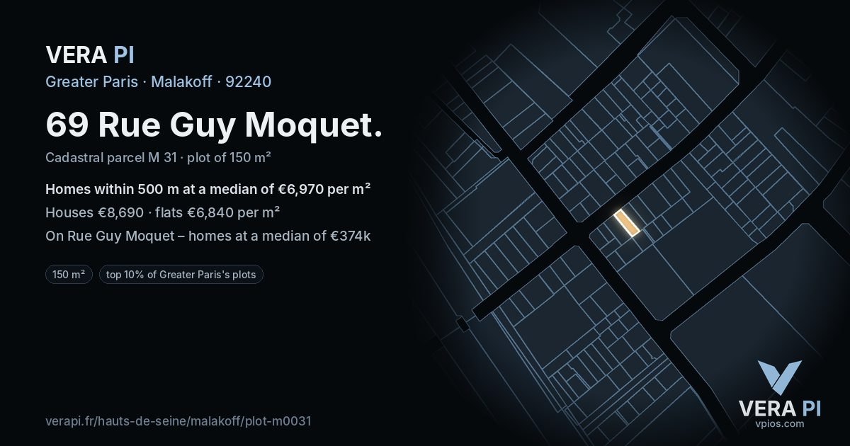69 Rue Guy Moquet, Malakoff at night – the plot lit, the parcels around coloured by the prices near them