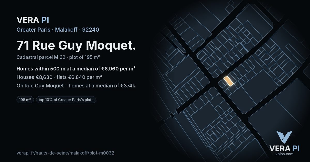 71 Rue Guy Moquet, Malakoff at night – the plot lit, the parcels around coloured by the prices near them