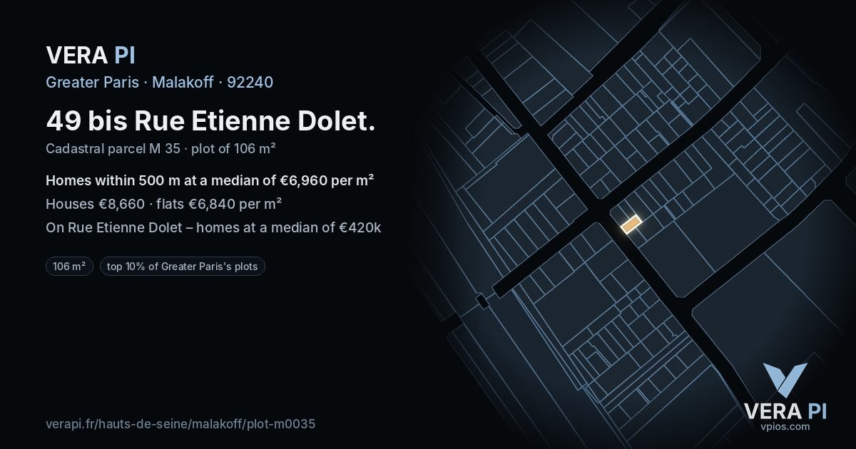 49 bis Rue Etienne Dolet, Malakoff at night – the plot lit, the parcels around coloured by the prices near them