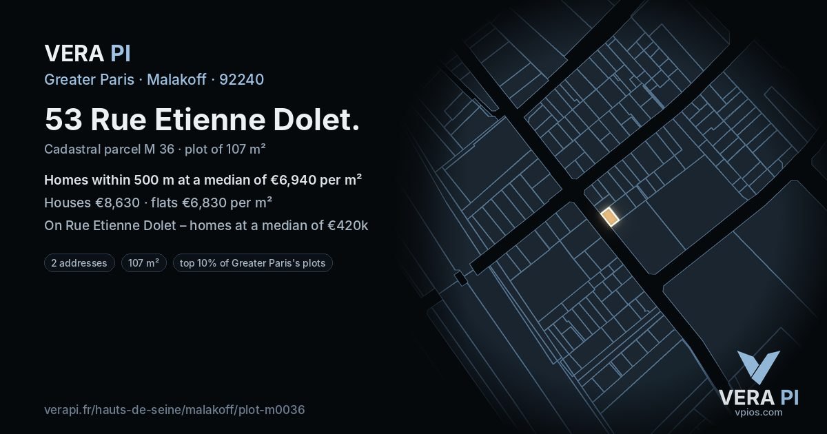 53 Rue Etienne Dolet, Malakoff at night – the plot lit, the parcels around coloured by the prices near them