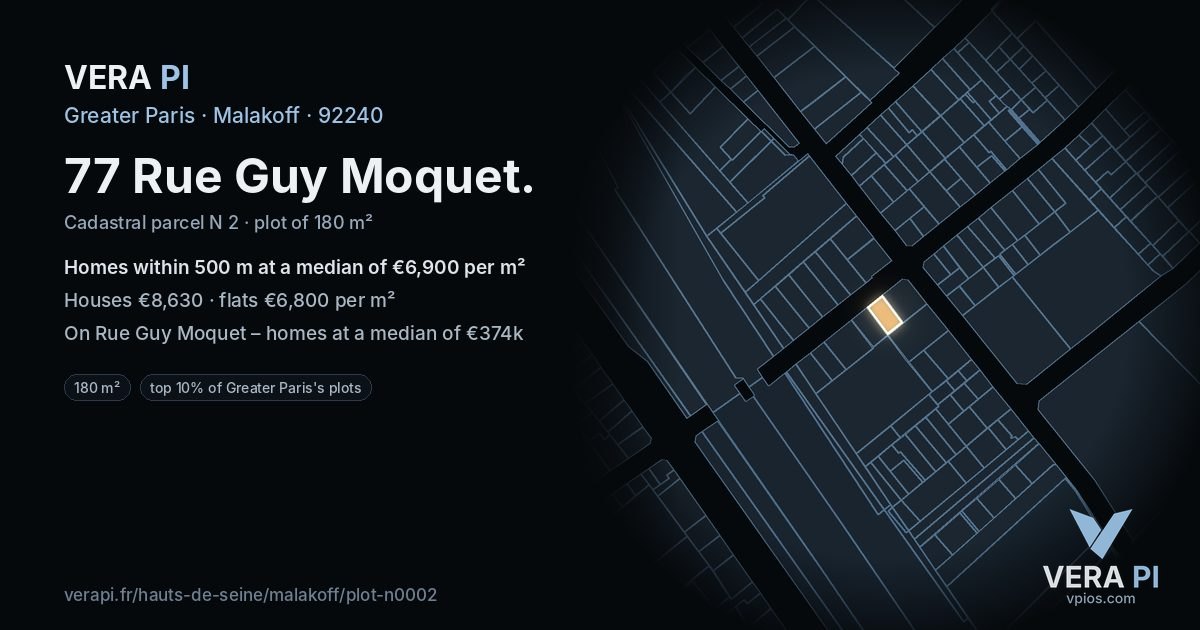 77 Rue Guy Moquet, Malakoff at night – the plot lit, the parcels around coloured by the prices near them