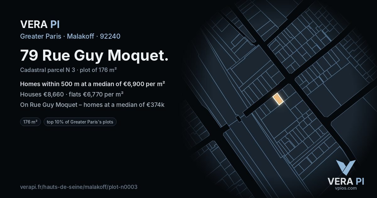 79 Rue Guy Moquet, Malakoff at night – the plot lit, the parcels around coloured by the prices near them