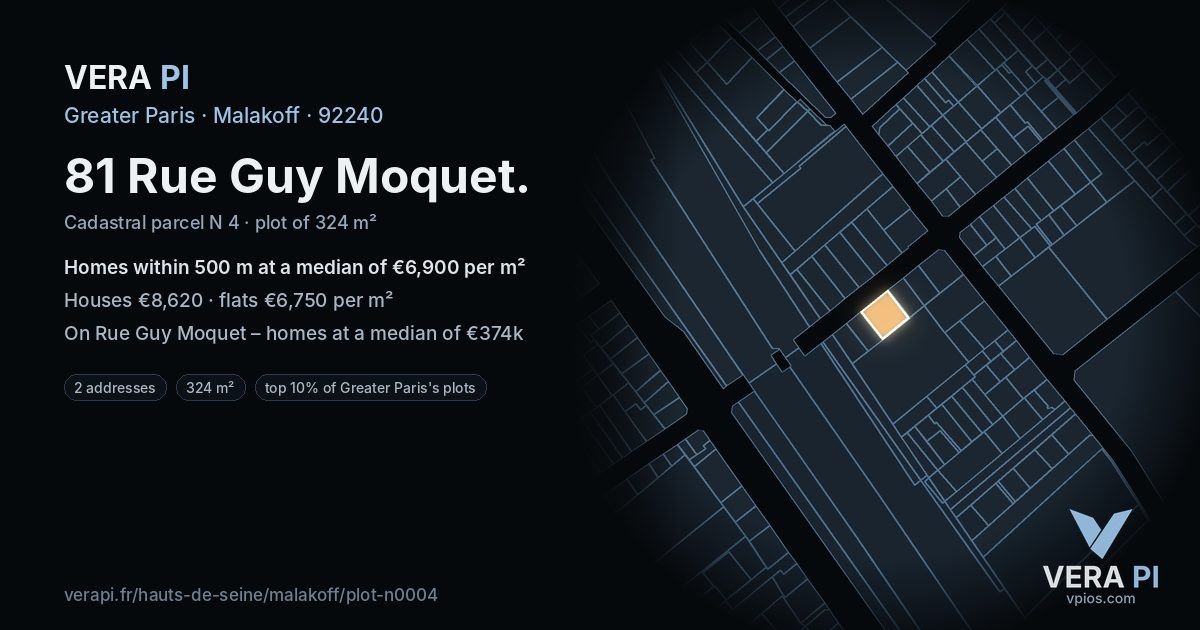 81 Rue Guy Moquet, Malakoff at night – the plot lit, the parcels around coloured by the prices near them