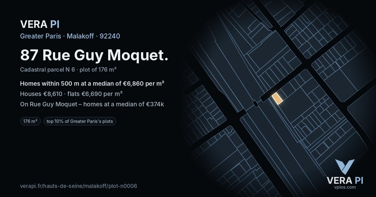 87 Rue Guy Moquet, Malakoff at night – the plot lit, the parcels around coloured by the prices near them