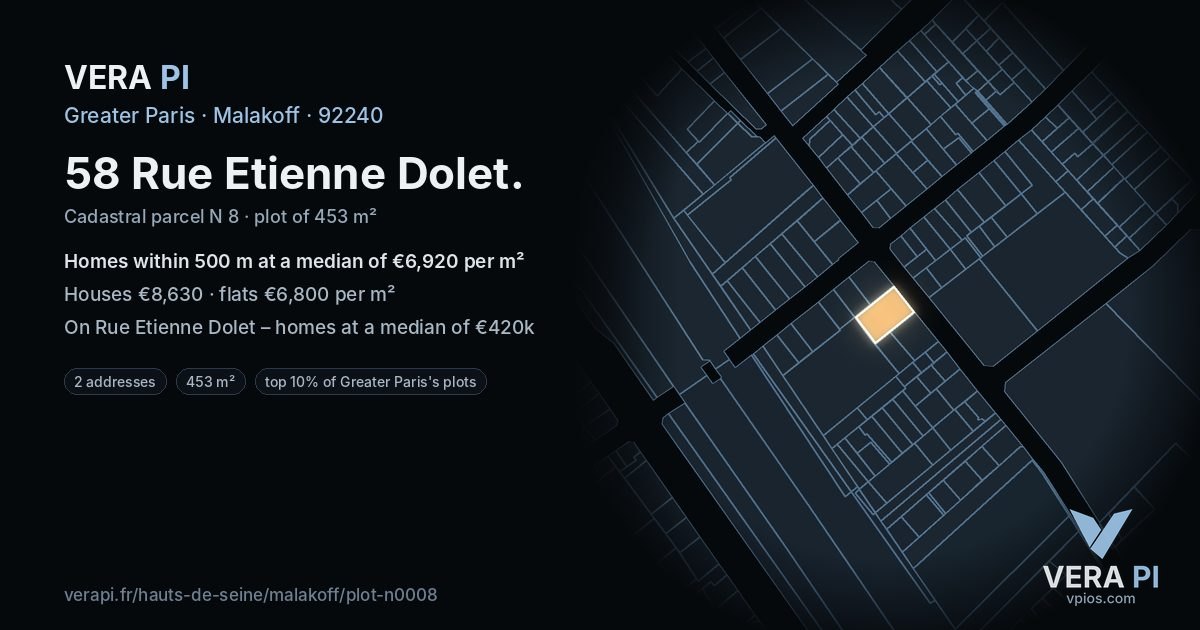 58 Rue Etienne Dolet, Malakoff at night – the plot lit, the parcels around coloured by the prices near them