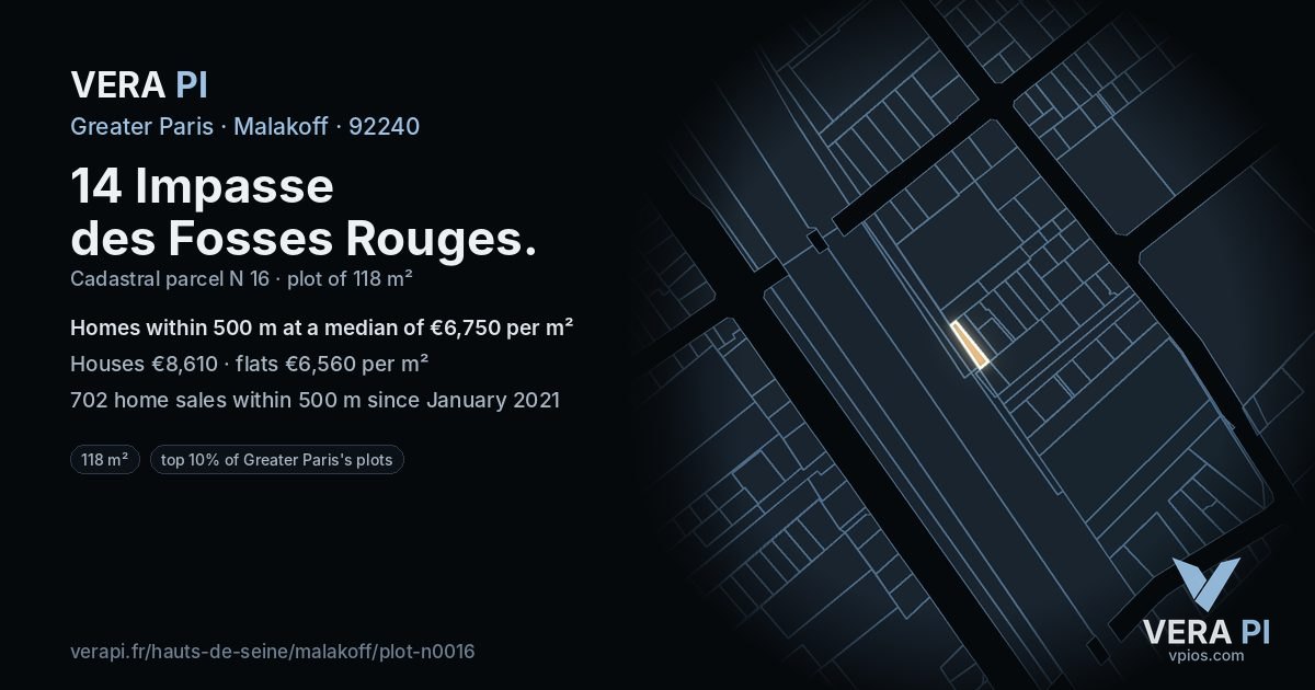 14 Impasse des Fosses Rouges, Malakoff at night – the plot lit, the parcels around coloured by the prices near them