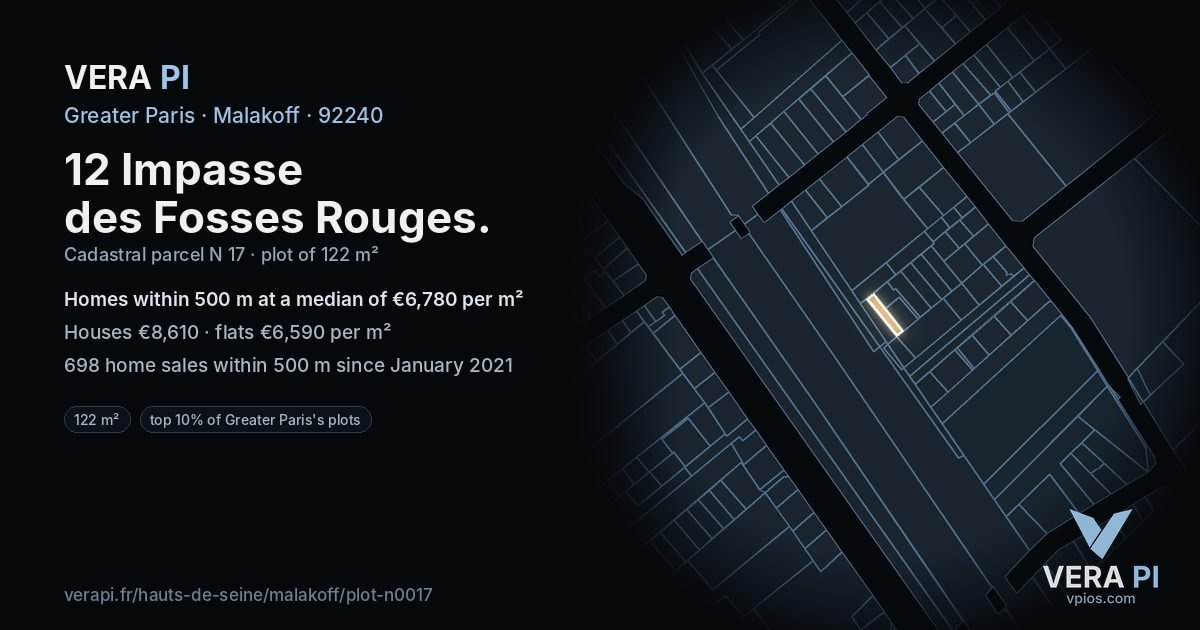12 Impasse des Fosses Rouges, Malakoff at night – the plot lit, the parcels around coloured by the prices near them